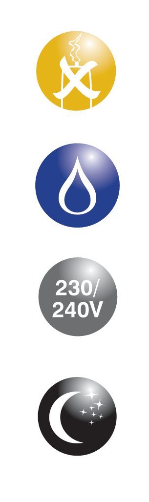 Four circular icons for Aroma Stream: yellow with a steaming cup, blue with a water droplet, gray with 230/240V, and black with moon and stars—ideal for your safe aroma dispenser or essential oil diffuser.