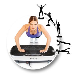 A woman does push-ups on the Whole Body Vibration Plate Training Gym, engaging her muscles. Surrounding her, black silhouettes show exercises like jumping, squats, and planks on the machine.