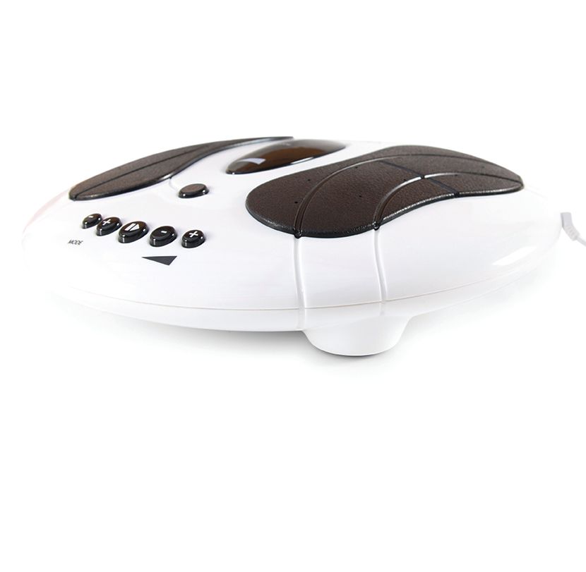 The Circulation Plus Active Lower Leg & Foot Exerciser (2025) is a white electronic device with black textured pads, multiple control buttons, and an elevated design—ideal for placing both feet to boost comfort and circulation.
