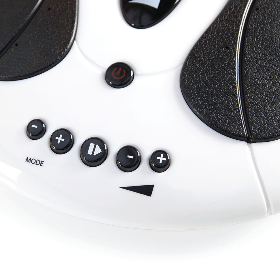 Close-up of the Circulation Plus Active Lower Leg & Foot Exerciser (2025) control panel, showing power, mode, play/pause, plus/minus buttons, and a directional arrow on a sleek white and black surface.