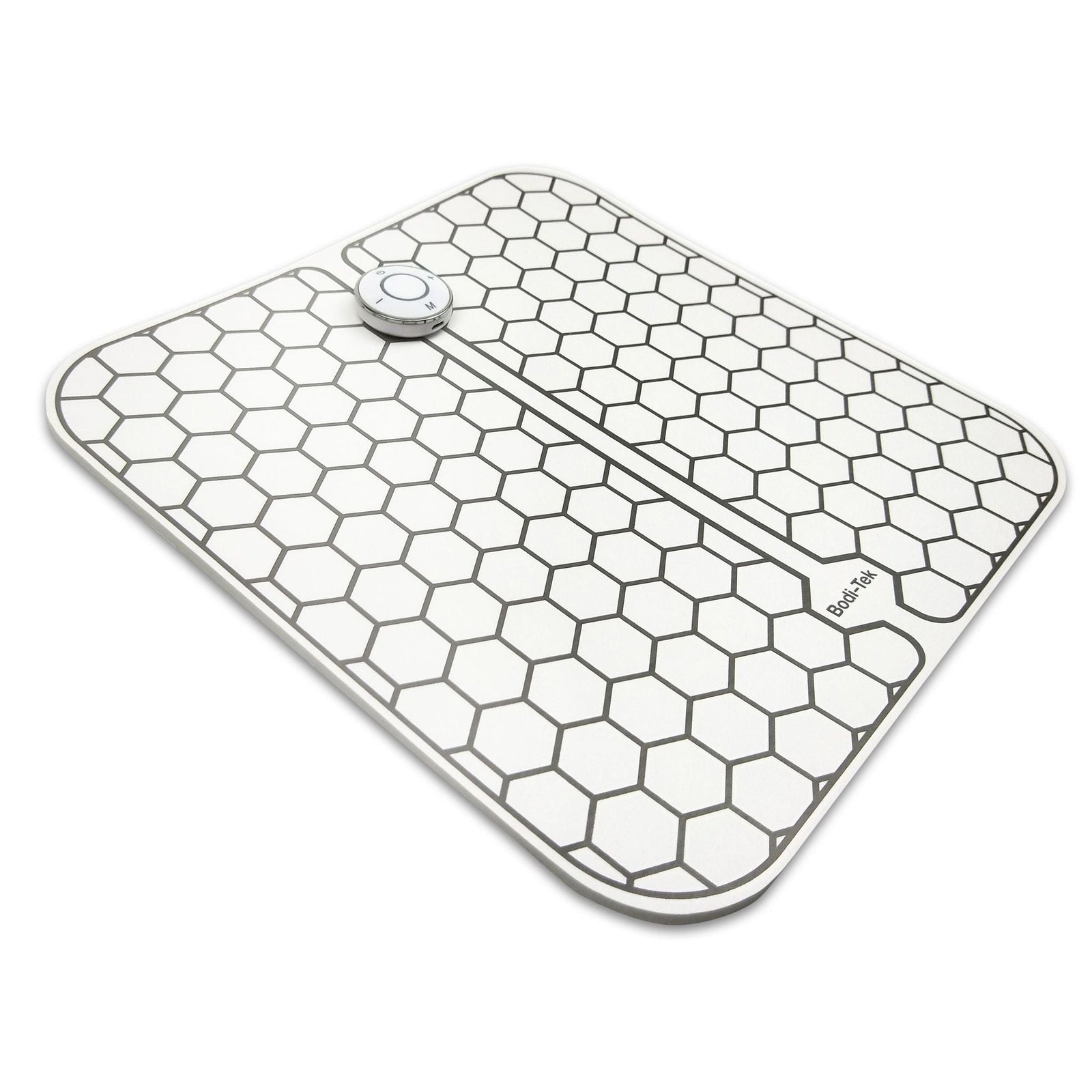 The Circulation Plus Boost & Revive Mat is a rectangular, flat device with a hexagonal grid, rounded corners, and a central circular button—perfect for portable leg exercise and improved circulation—shown on a white background.