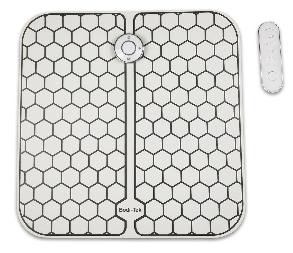 The Circulation Plus Boost & Revive Mat is a square electronic foot pad with a hexagonal grid, central M button, and four-button remote control—ideal as a portable leg exerciser and muscle stimulator.