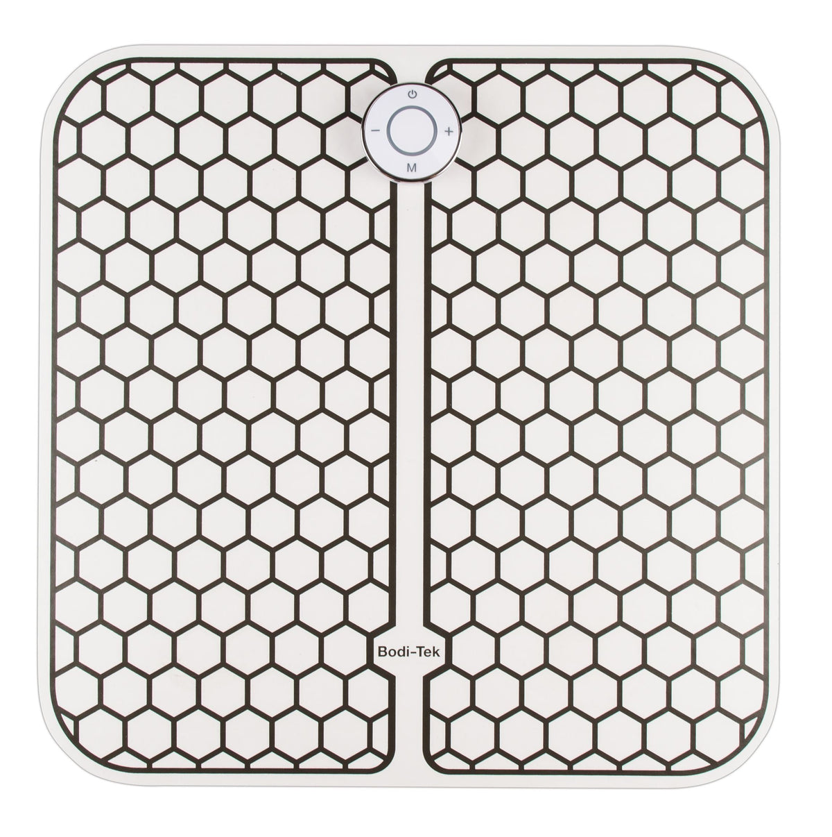 The Circulation Plus Boost & Revive Mat is a square electronic foot massager with a hexagonal grid, central O/M control button, and Bodi-Tek branding. It functions as a portable leg exerciser and muscle stimulator.