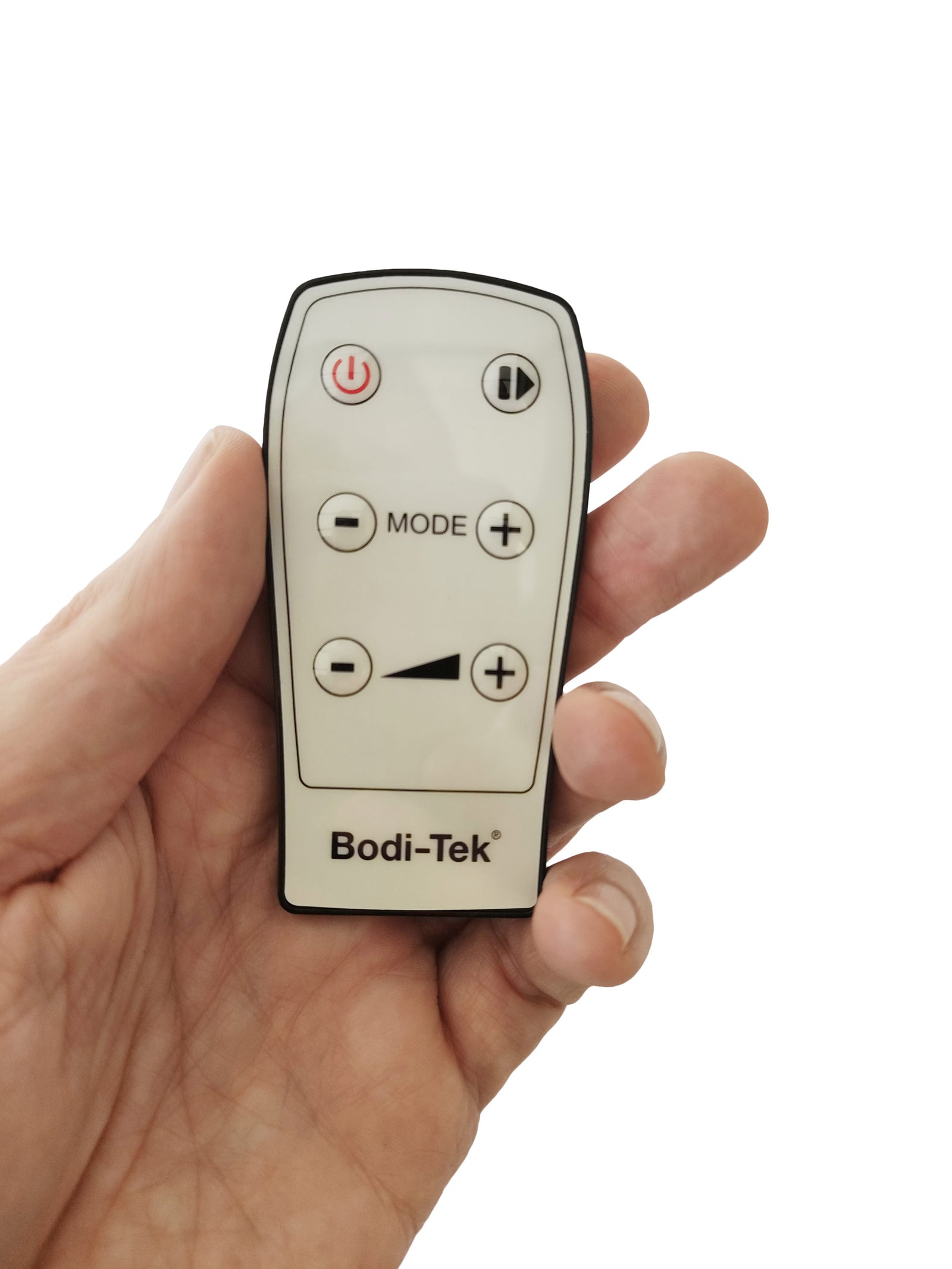 A hand holds a Circulation Plus Active Remote Control, featuring power, volume, mode, increase, decrease buttons and a triangle indicator, against a white background.