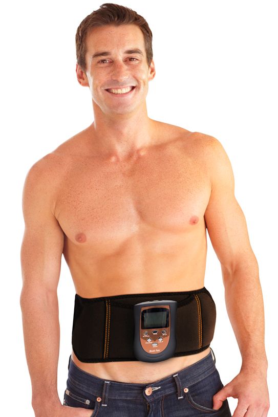 A smiling, shirtless man models the Ab & Arm Unisex Toning Belt with a front control panel, highlighting this effective unisex belt for at-home muscle workouts.