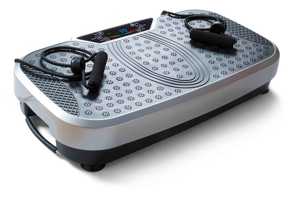 The Whole Body Vibration Plate Training Gym is a silver and black exercise machine with a digital display and resistance bands for fitness and strength training, enhancing muscle contractions through whole body vibration.