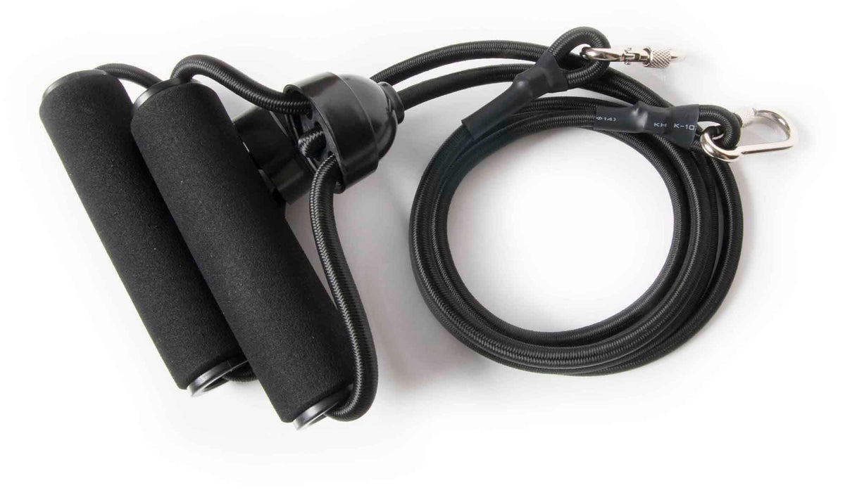 The Whole Body Vibration Plate Training Gym, shown with a black resistance band featuring foam handles and a metal carabiner on a white background, is perfect for enhancing muscle contractions during your fitness routine.