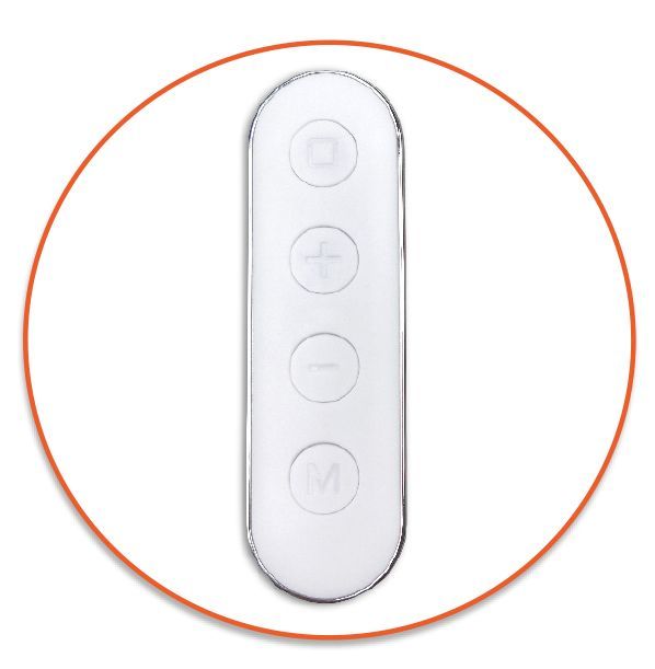 A white remote control for the Circulation Plus Boost & Revive Mat has four round buttons in a vertical row, labeled with a square, plus, minus, and M, all inside an orange circle on a white background.