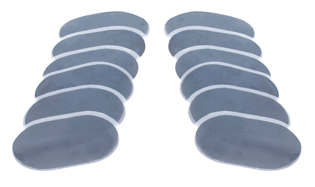 Twelve oval adhesive gel pads for the Ab & Arm Unisex Toning Belt are arranged in two curved rows on a white background.