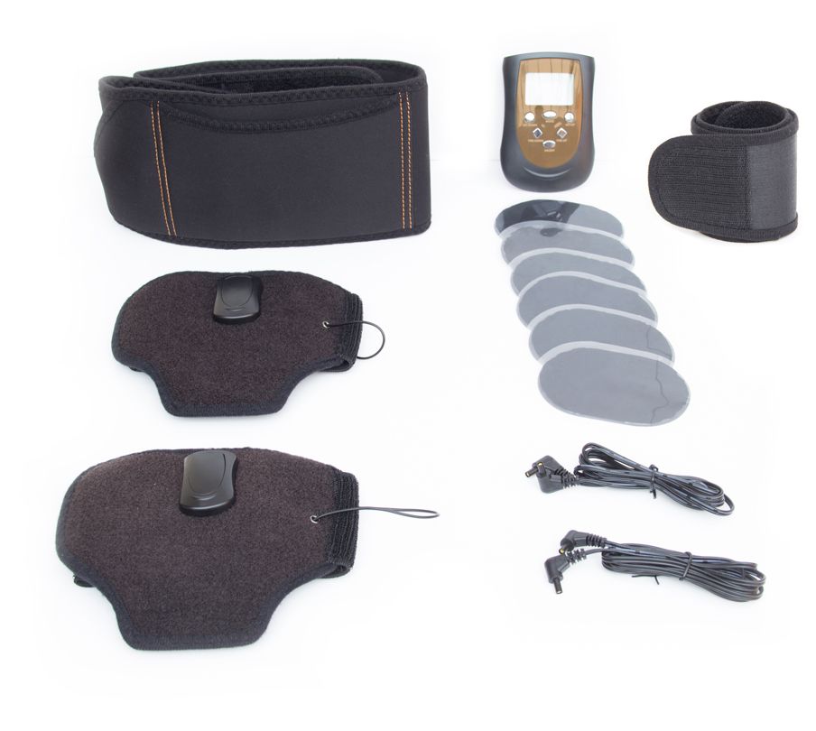 The Ab & Arm Unisex Toning Belt set includes a toning belt, wrist strap, two knee/elbow supports, eight round electrode pads, a handheld control unit, and two cables—all in black and displayed on a white background.