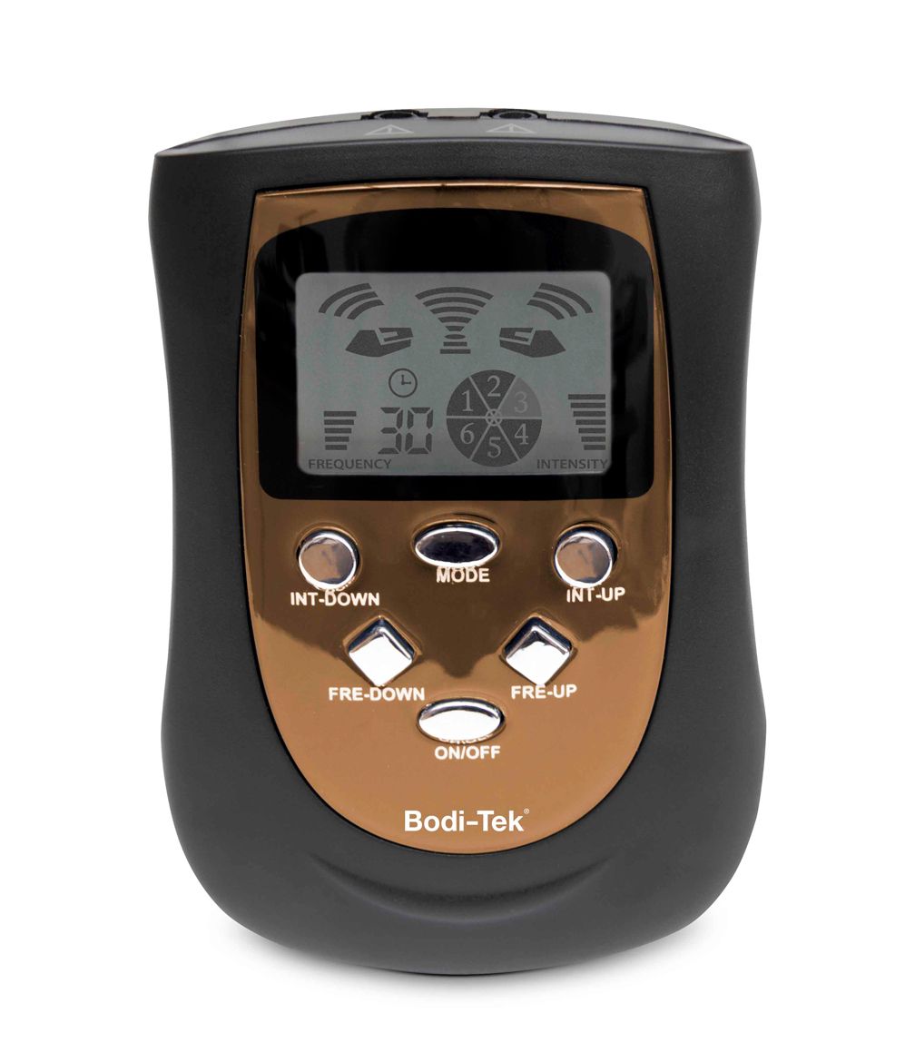 An Ab & Arm Unisex Toning Belt featuring a digital display, labeled buttons (INT-DOWN, MODE, INT-UP, FRE-DOWN, FRE-UP, ON/OFF), and a brown and black casing.