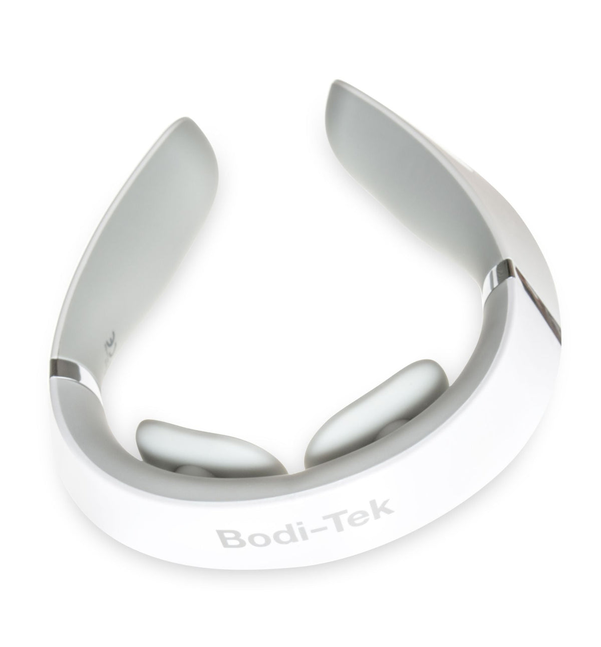 The Neck & Shoulder Massager, featuring a white design with gray inner pads and a contoured shape to fit around the neck, offers soothing heat and is shown against a plain white background.