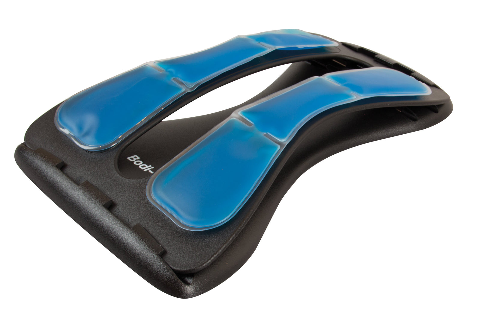The Original BackMagic with Thermal Gel Heat Pads is a black and blue back stretcher featuring contoured, padded supports and a curved design for lower back pain relief, lumbar support, and stretching exercises.